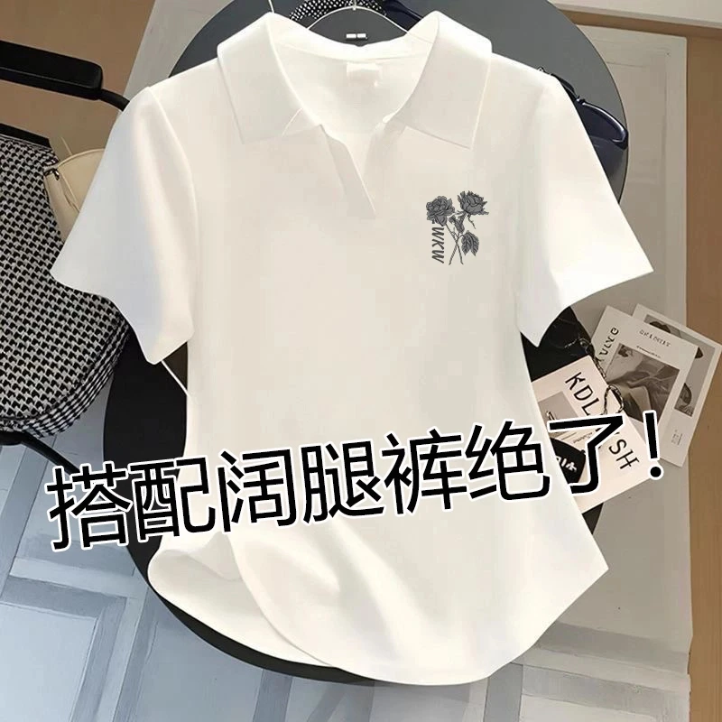 95%棉白色POLO领短袖t恤女2025夏季新款大码宽松显瘦翻领百搭上衣