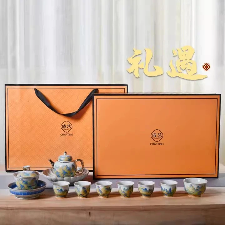 仁唐陶瓷千里江山茶具套装功夫茶具家用盖碗茶壶整套茶杯高档