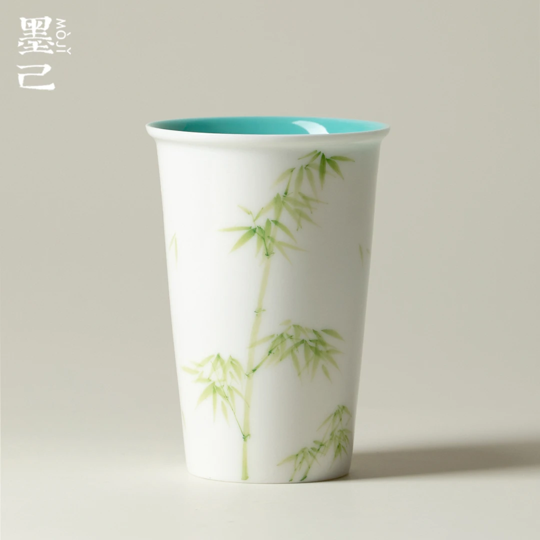墨己玉泥白瓷手绘竹子陶瓷可乐杯家用喝水大杯子松石绿青竹大水杯