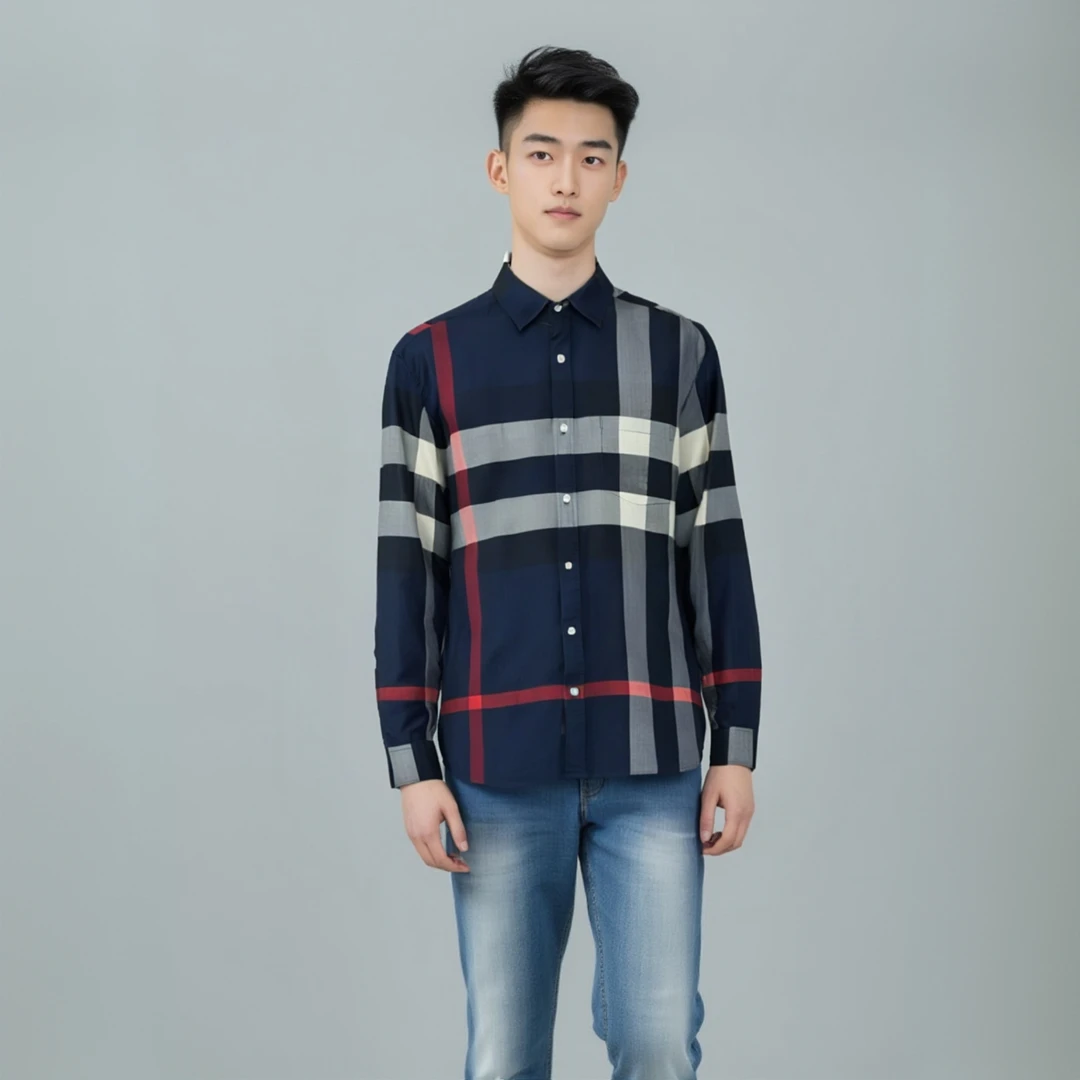 99新 BURBERRY/博柏利 13017171 格纹翻领衬衫 墨蓝色 M码