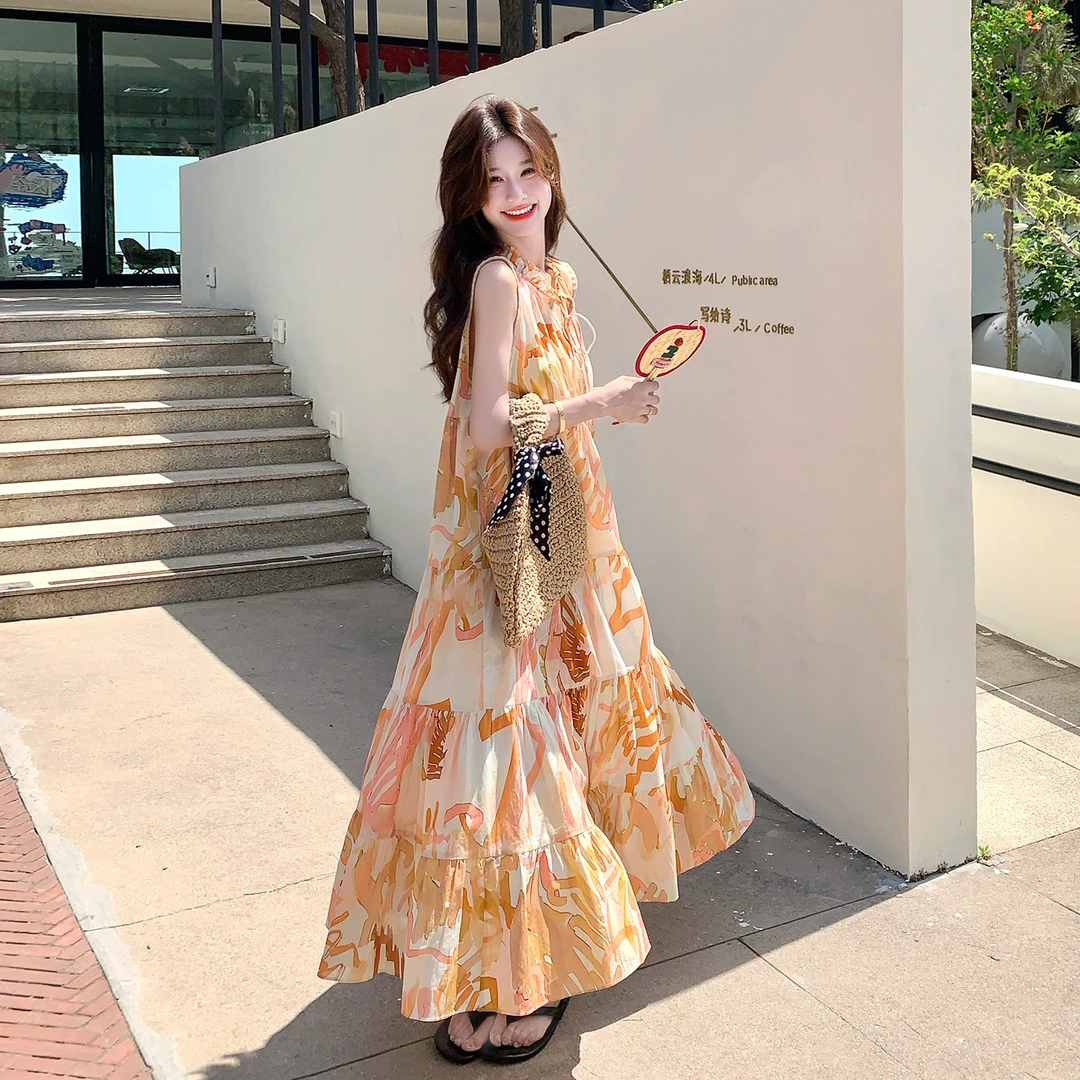 法式轻奢高端优雅气质印花连衣裙女2025夏季新款海边度假风背心裙