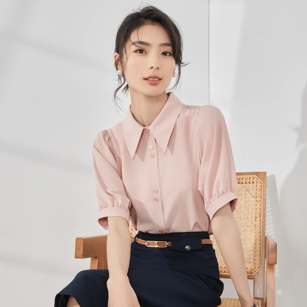 【曼贝】气质风短袖衬衫女时尚百搭设计感职业衬衫女22SUCS19【佳莹】
