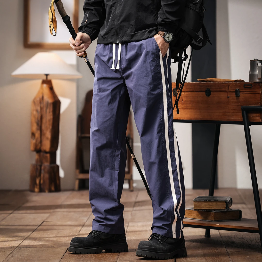 格蓝鹿高端潮牌测边条纹休闲裤男夏季薄款宽松直筒设计感运动长裤