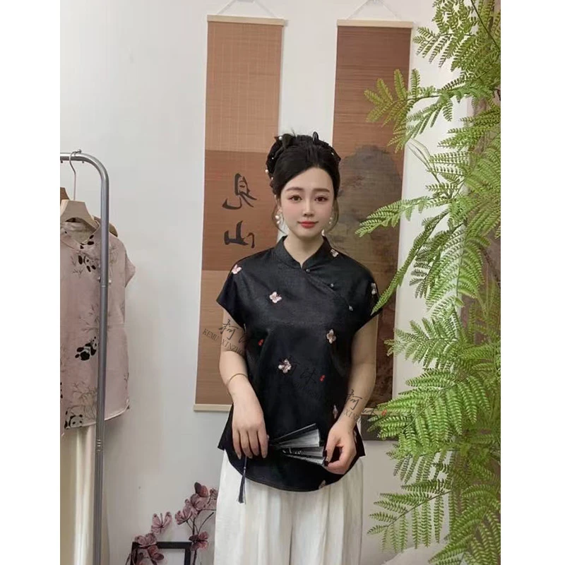 【粉蝶】新中式斜扣立领不起球衬衫服装斜襟刺绣蝴蝶