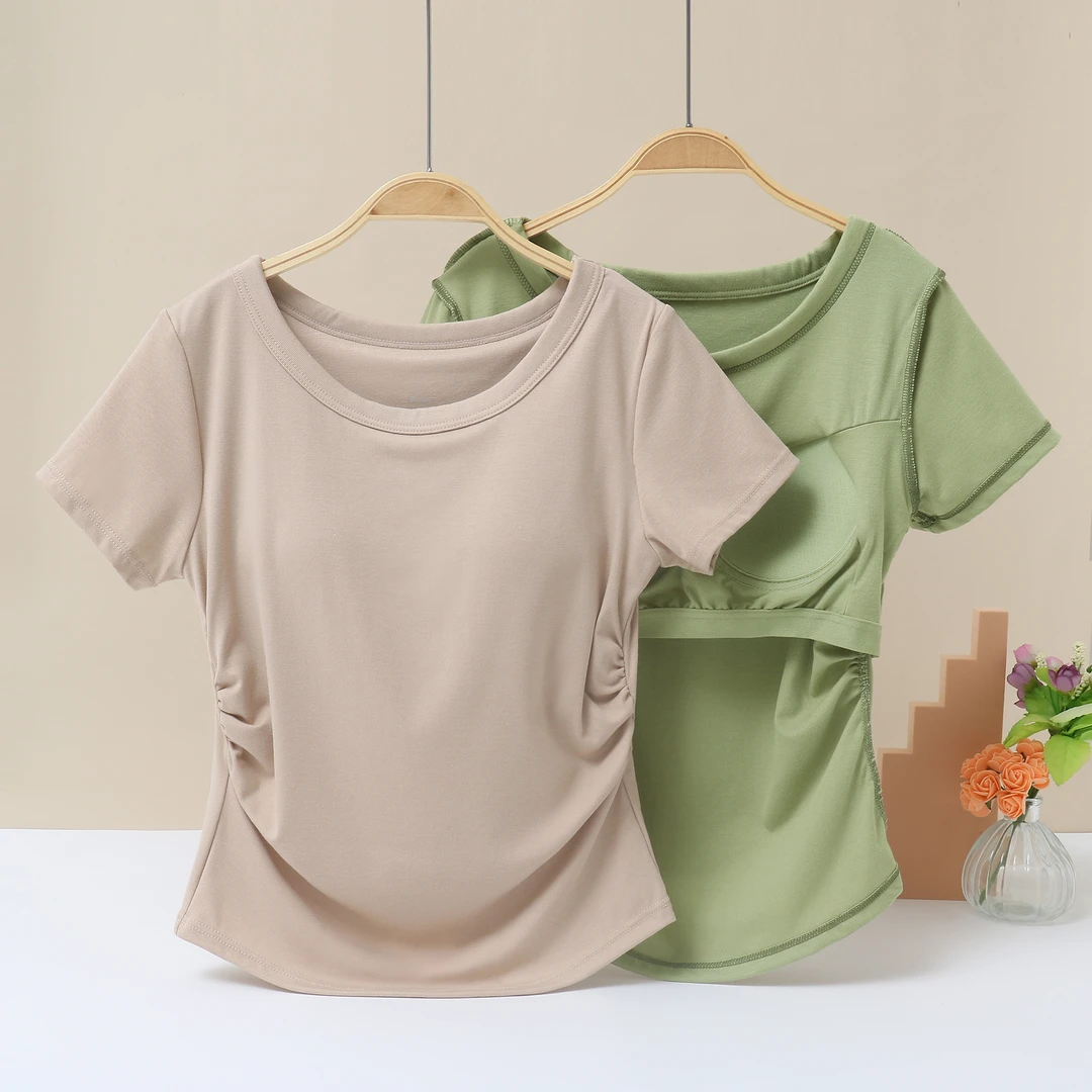 春夏新款带胸垫免穿文胸抽褶收腰显瘦瑜伽打底衫女士时尚短袖