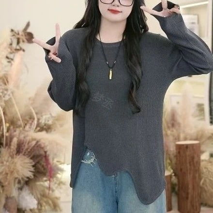 0564大码胖MM坑条不规则下摆长袖女秋冬季新款宽松显瘦上衣女