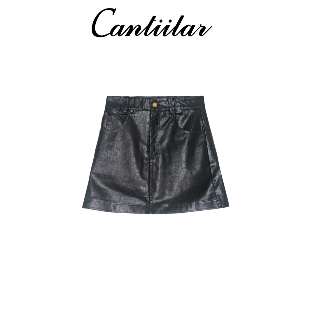CANTIILAR “摩登皮裙”高腰显瘦半身A字皮短裙  19898