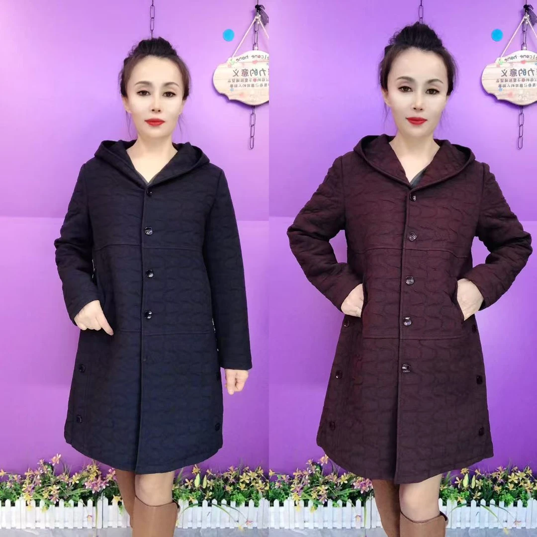 贵8825中老年妈妈秋冬复古连帽加棉加厚中长款外套气质妈妈装显瘦