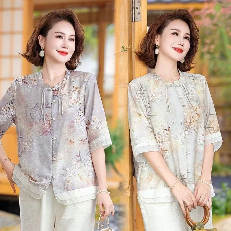 夏季新款新中式国风显气质洋气中袖妈妈装开衫上衣