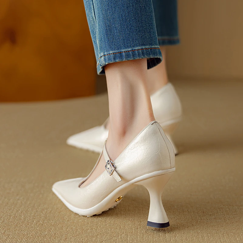 小个子增高7.5cm~欧若风丁字扣尖头浅口玛丽珍单鞋绝美细跟高跟鞋