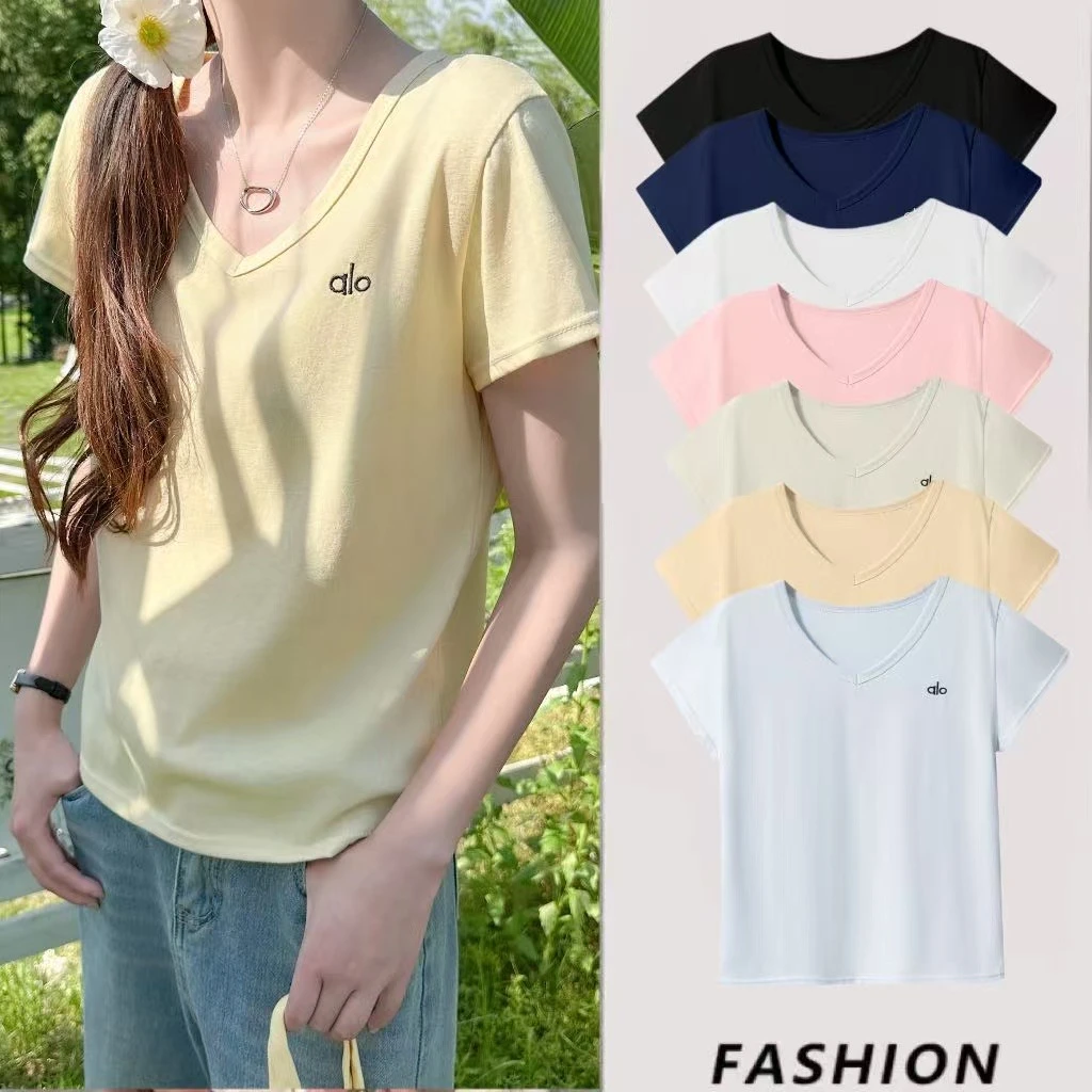 【日夏】V领T恤减龄短袖字母刺绣韩版半袖宽松型纯色打底上衣