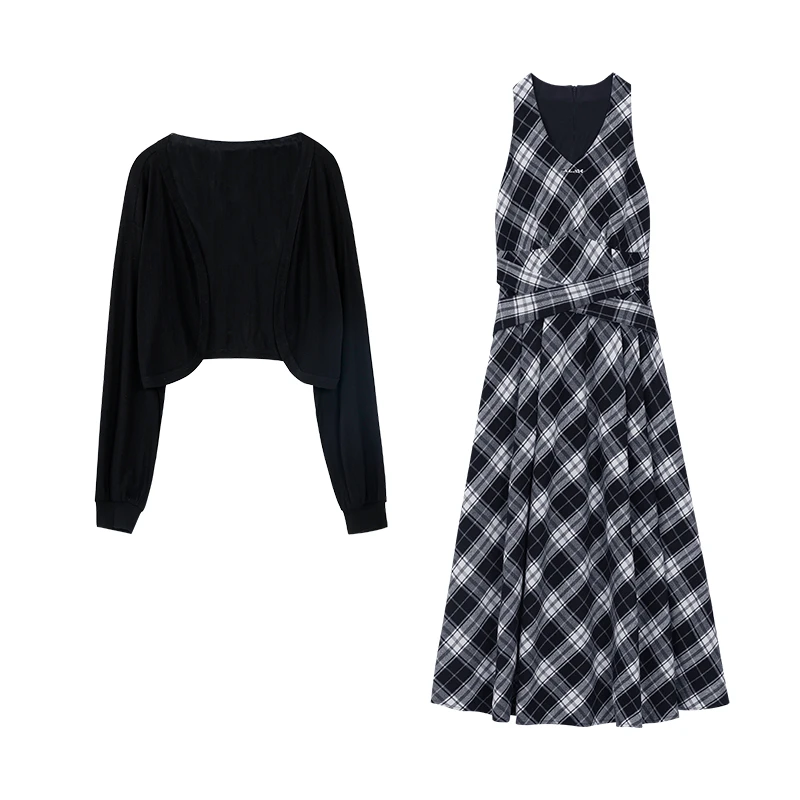 【品牌撤柜款ZB】格纹连衣裙套装2024毛针织衫背心裙两件套L661273