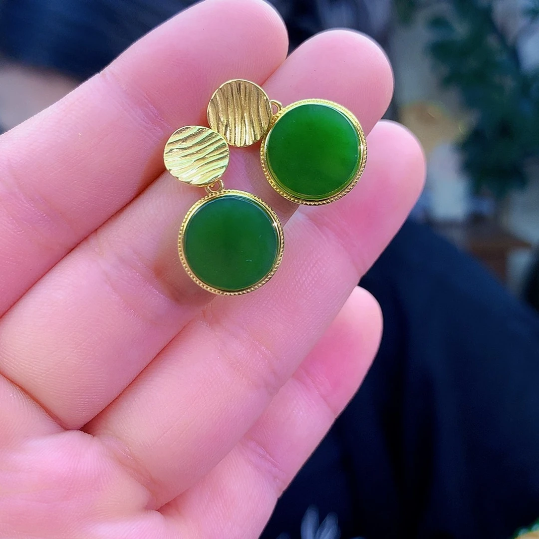 吊坠(不含链)银S925镶嵌和田玉（碧玉）耳钉