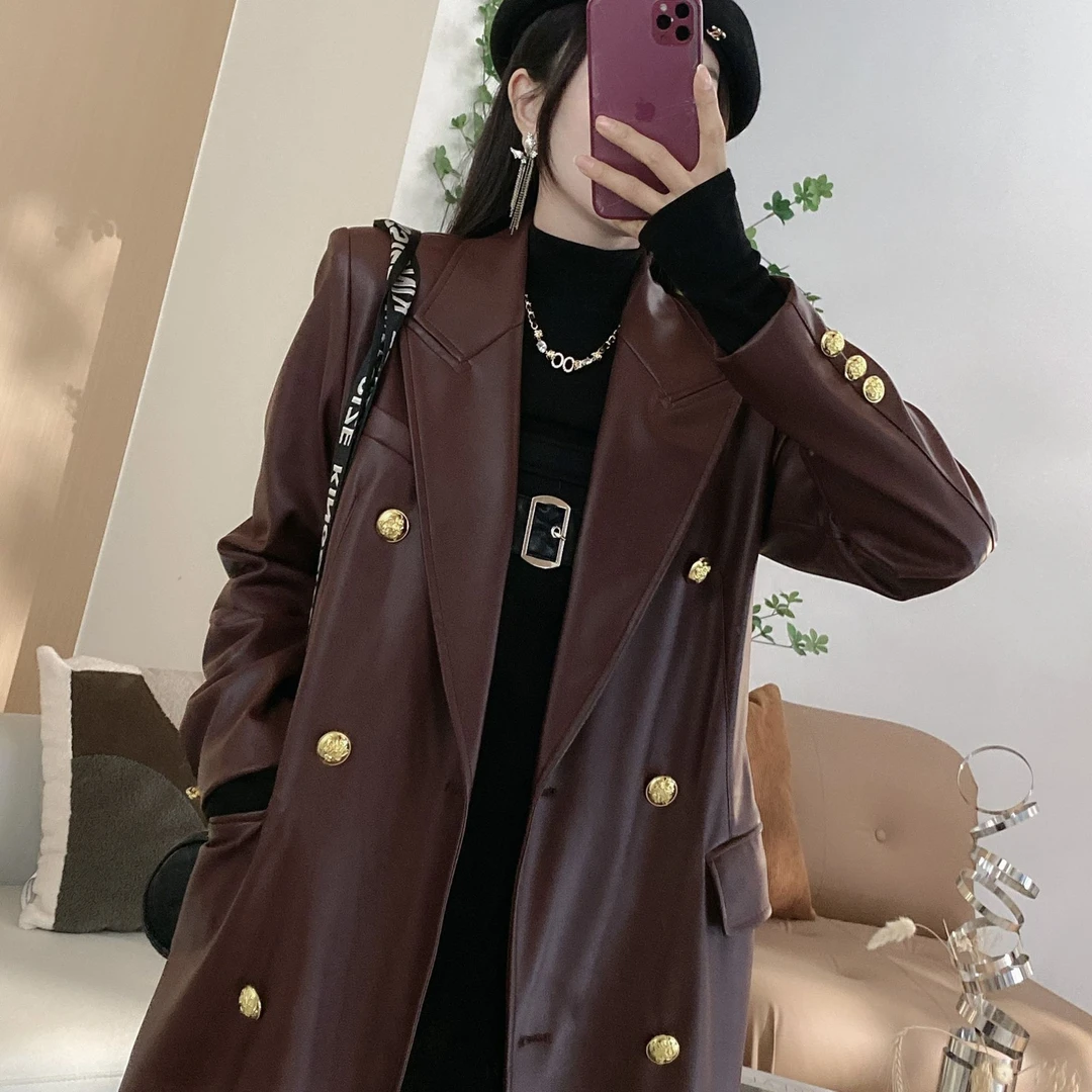 D夹棉双排扣长款皮风衣外套9705