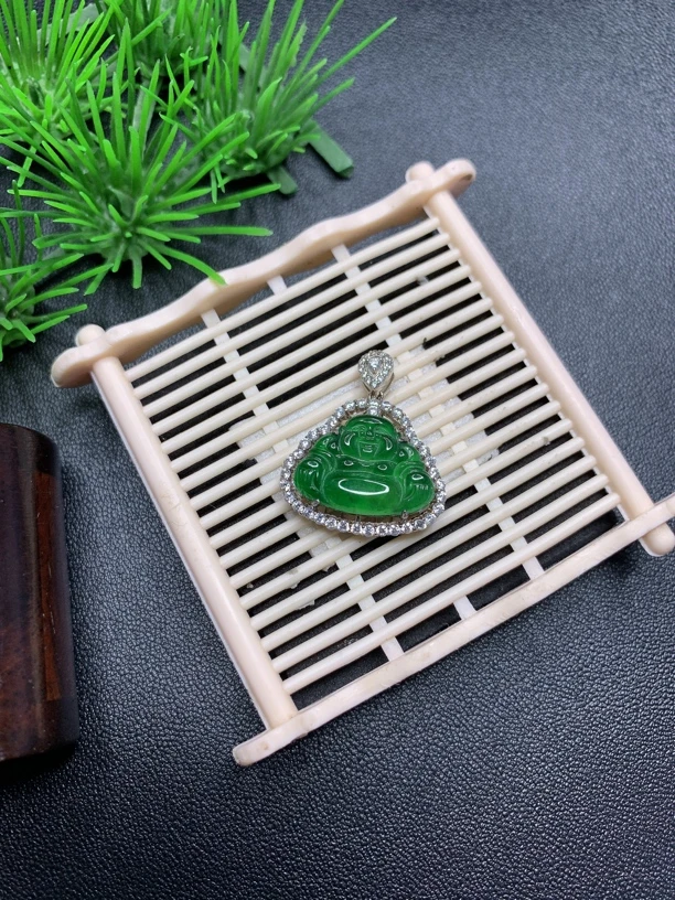 天然保真A货翡翠玉石s925银冰胶辣绿小佛公吊坠j整25.2/22.2/7mm