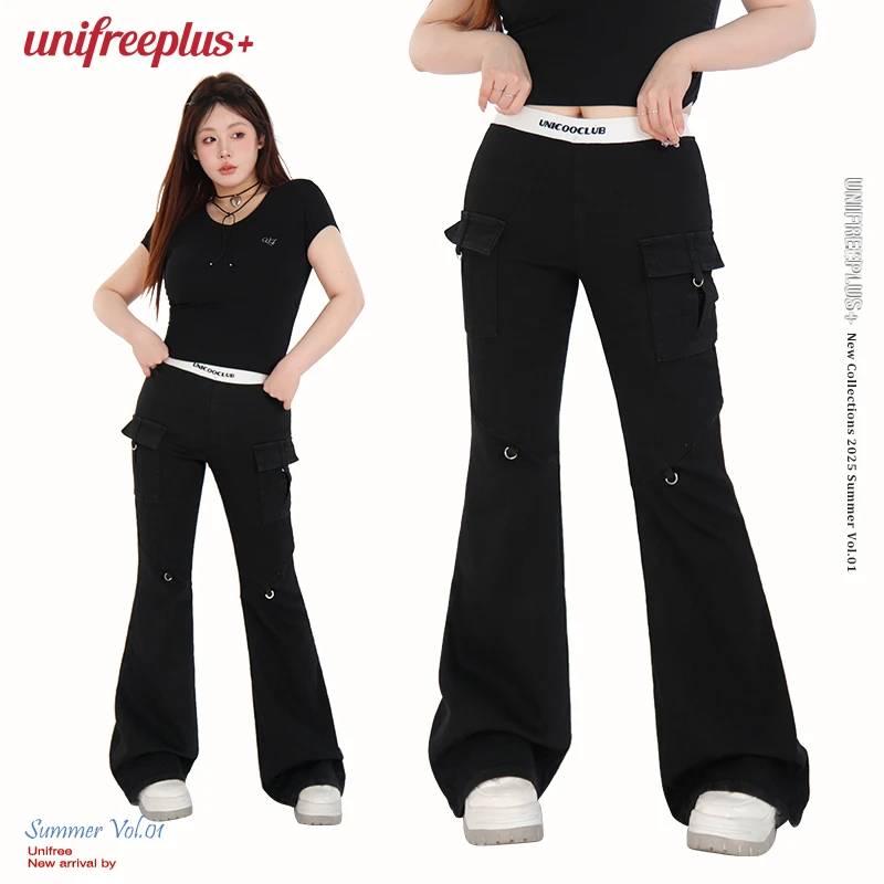 【25年秋】UNIFREE撞色低腰休闲微喇裤机能工装辣妹阔腿拖地长裤
