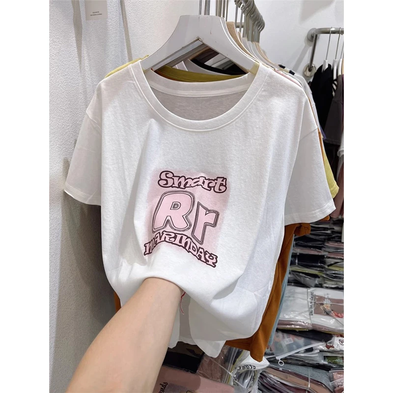 夏季2025新款韩版百搭宽松显瘦短袖t恤女胖mm200斤大码圆领上