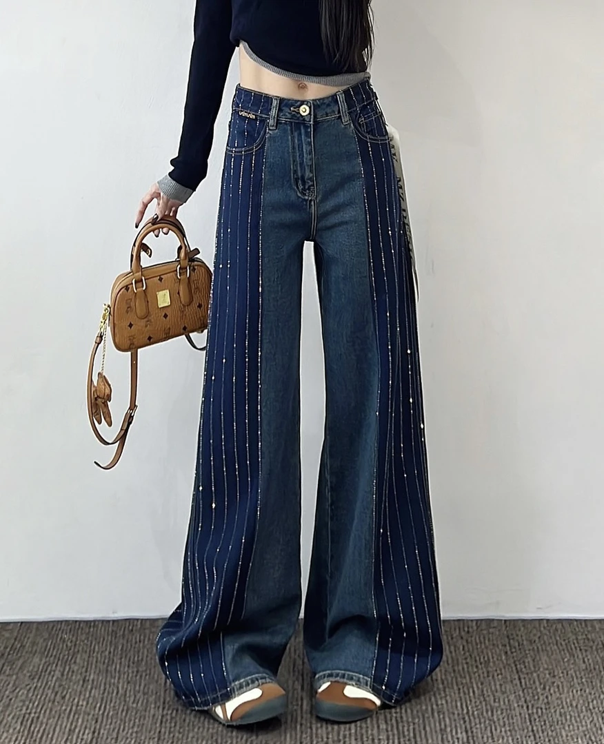 【烫钻牛仔】竖条烫钻拼接高腰宽松阔脚拖地牛仔裤女早秋新款