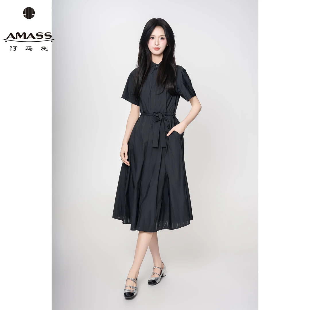 AMASS/阿玛施春夏新款复古个性气质百搭短袖连衣裙-附腰带 550052