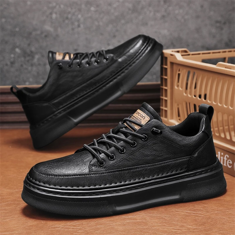 意尔康男鞋秋季英伦商务黑色休闲皮鞋一脚蹬软底防水防滑黑色板鞋