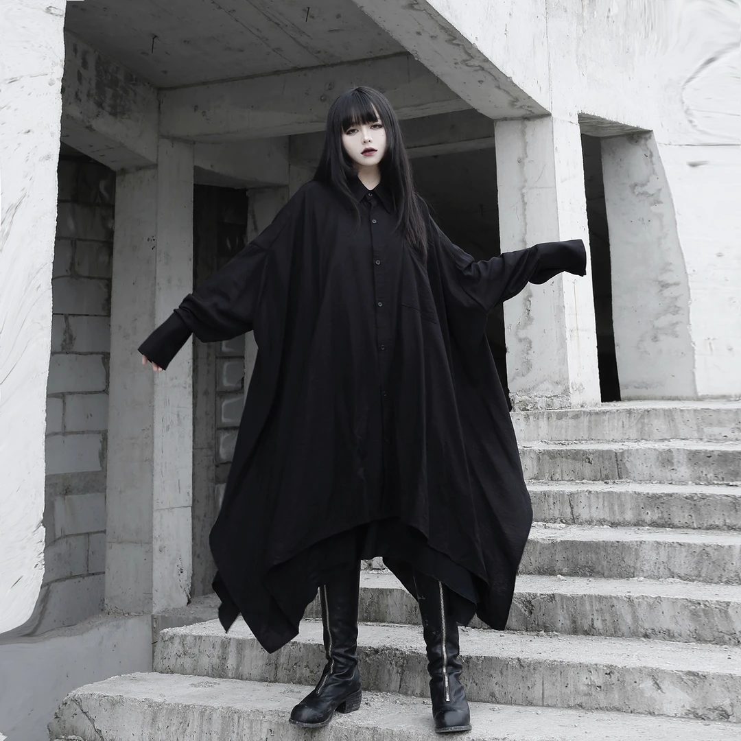 隐觅 百搭黑暗系不规则设计感长袖衬衫宽松男女款潮流衬衣中长款