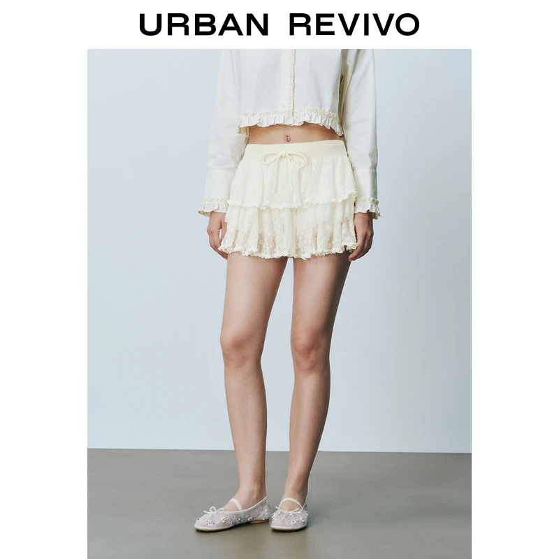 UR2025秋季新款女装芭蕾风花朵蕾丝拼接抽绳半裙UYU550070