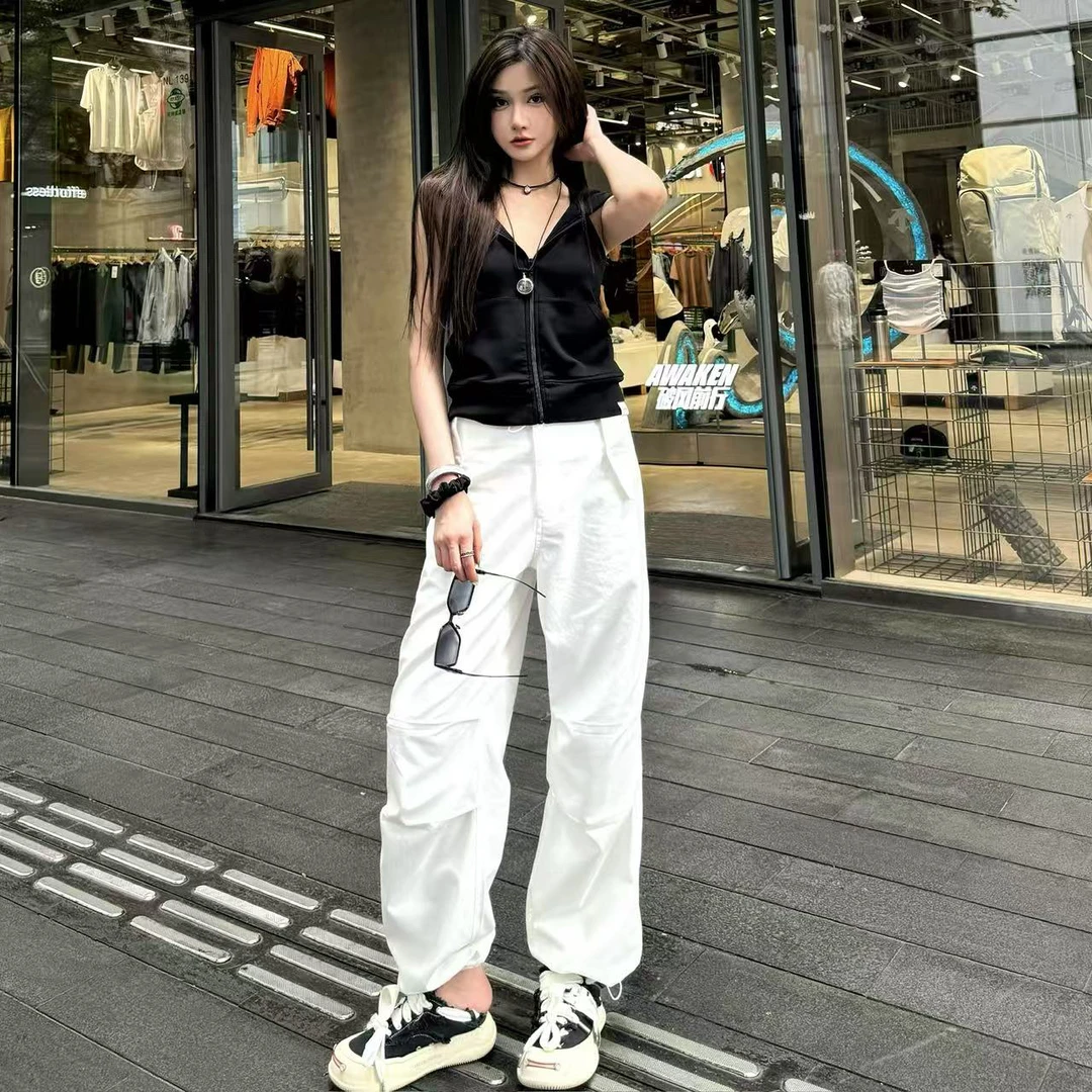 白色抽绳休闲工装裤女韩版设计感阔腿裤宽松百搭拖地裤
