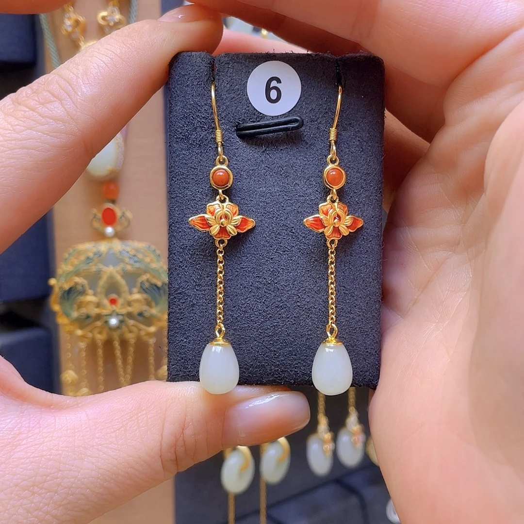 和田玉银S925镀金镶嵌耳饰