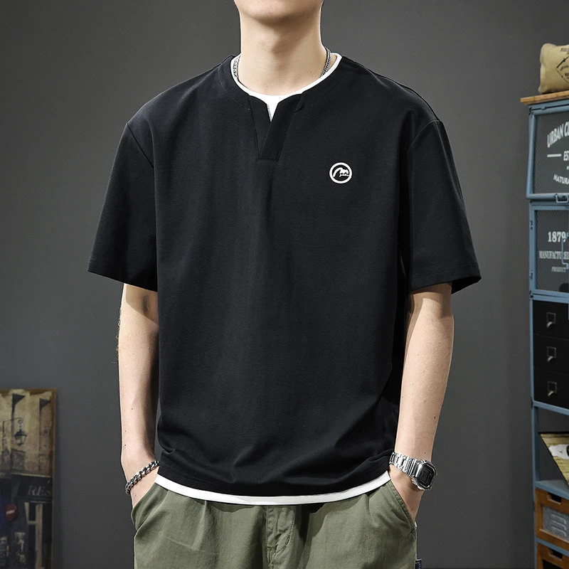 2025新款假两件V领男士短袖T恤夏季重磅宽松大码休闲潮流半袖体恤