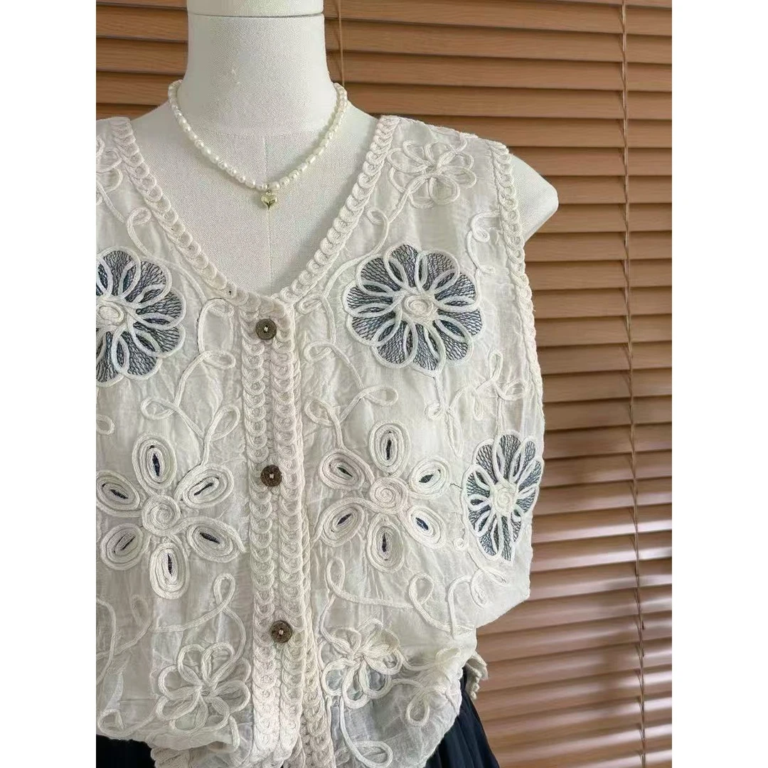 夏季高级感重工刺绣绣花无袖外穿马甲背心女薄款减龄7711