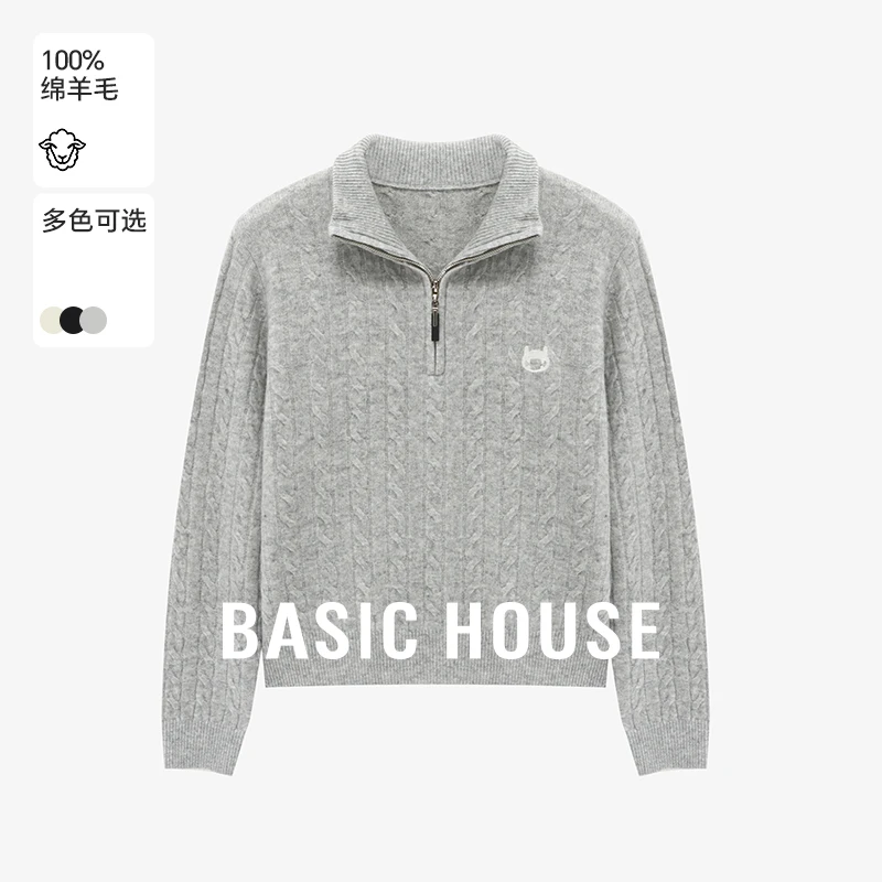 Basic House/百家好秋冬休闲翻领舒适绵羊毛女士绒衫-B06245C2462