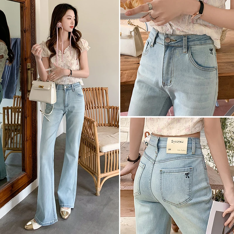 怀旧浅蓝微喇牛仔裤女2025春季新款蝴蝶绣花高腰弹力显瘦喇叭裤子