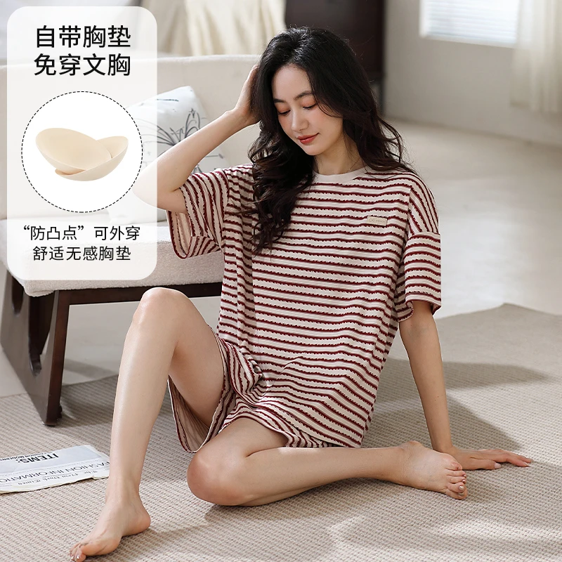 新款夏季女纯棉带胸垫条纹简约可外穿家居服套装90018