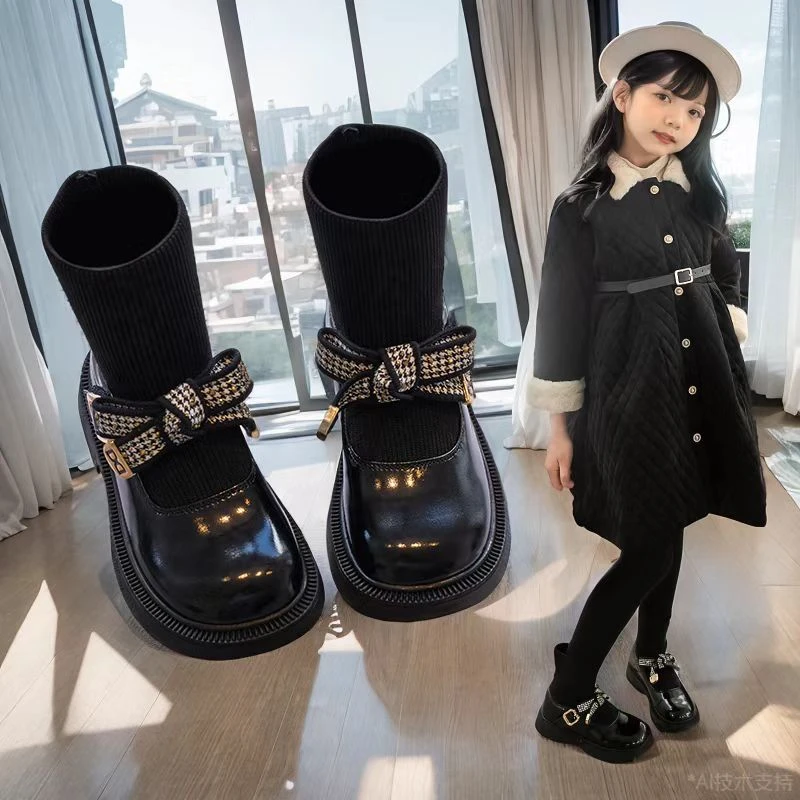 女孩皮短靴女童透气软底皮靴靴子时尚秋季英伦风小众童鞋冬季加绒