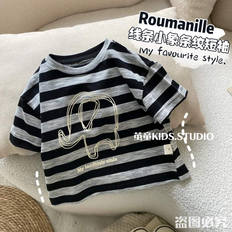 【麦麦妈】X153夏季小童线条小象条纹短袖T恤新品男女宝宝上衣百搭