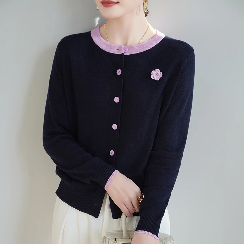 新款领口撞色长袖针织衫女士薄款圆领羊毛衫精纺羊毛时尚打底开衫