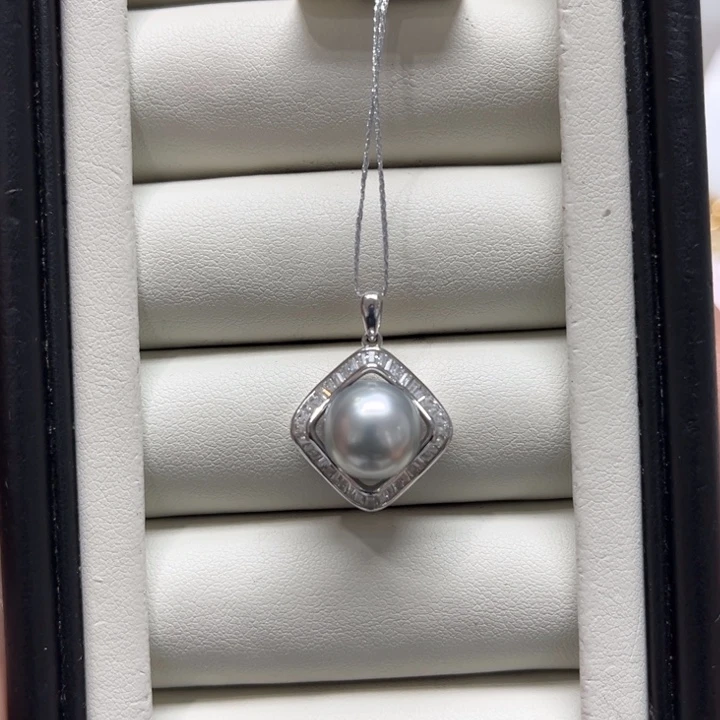 海水珍珠上新大溪地铂金灰方糖吊坠11-12mm银S925镶嵌
