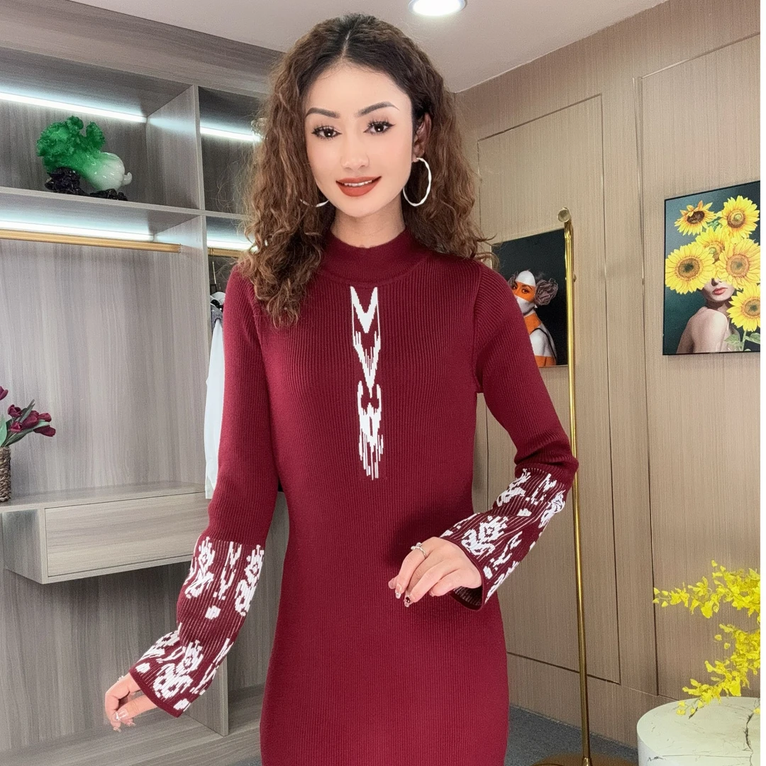 显瘦气质针织时尚半高领民族风连衣裙