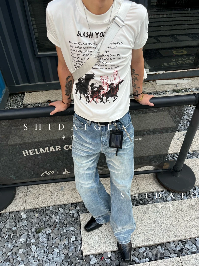 SDG竹节猫须纹微喇517蓝牛水洗牛仔裤夏季美式潮流休闲