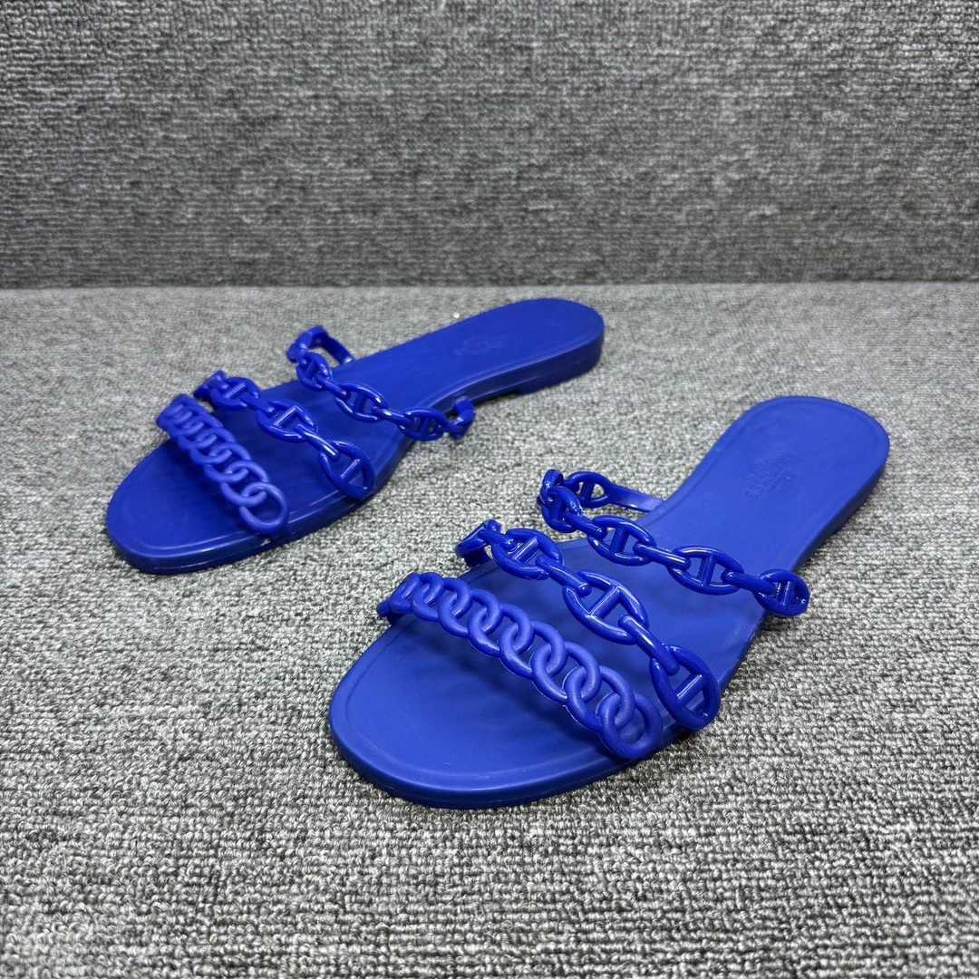 99新 Hermes/爱马仕 39码 蓝色猪鼻子链条凉拖 D4268