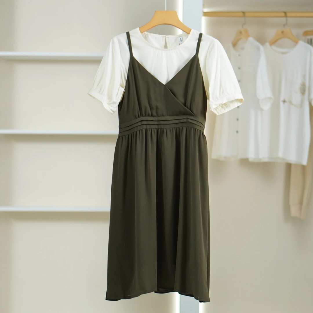 【诗M】O-409  女装时尚气质雪纺套装连衣裙军绿2287599T