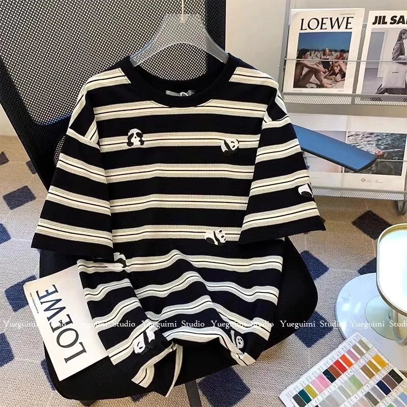 胖妹妹大码240斤欧货洋气卡通刺绣条纹短袖上衣女早秋宽松显瘦T恤