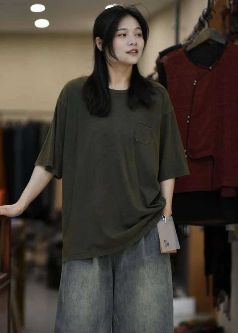 无相布衣分享 如眸原创设计纯棉口袋怀旧复古圆领短袖T恤ZQ55007