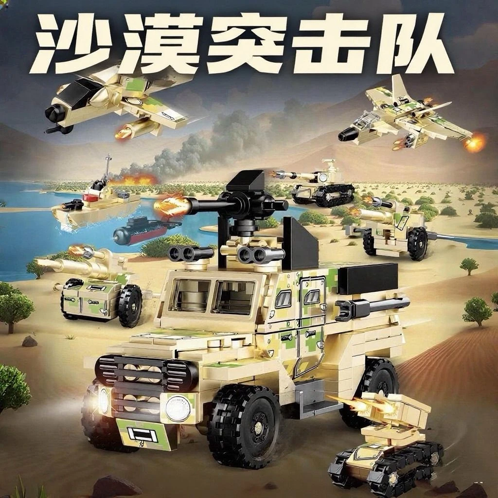 益智积木拼插沙漠突击车飞机防空车坦克拼插积木玩具带人仔