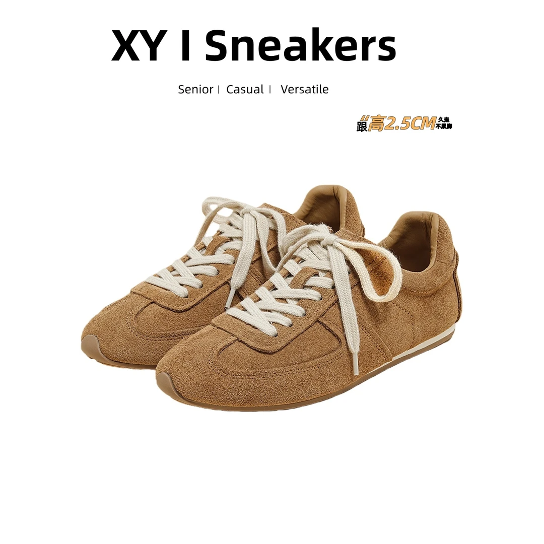 软皮复古阿甘女鞋2025早秋咖色平底运动休闲鞋流行款反绒德训鞋