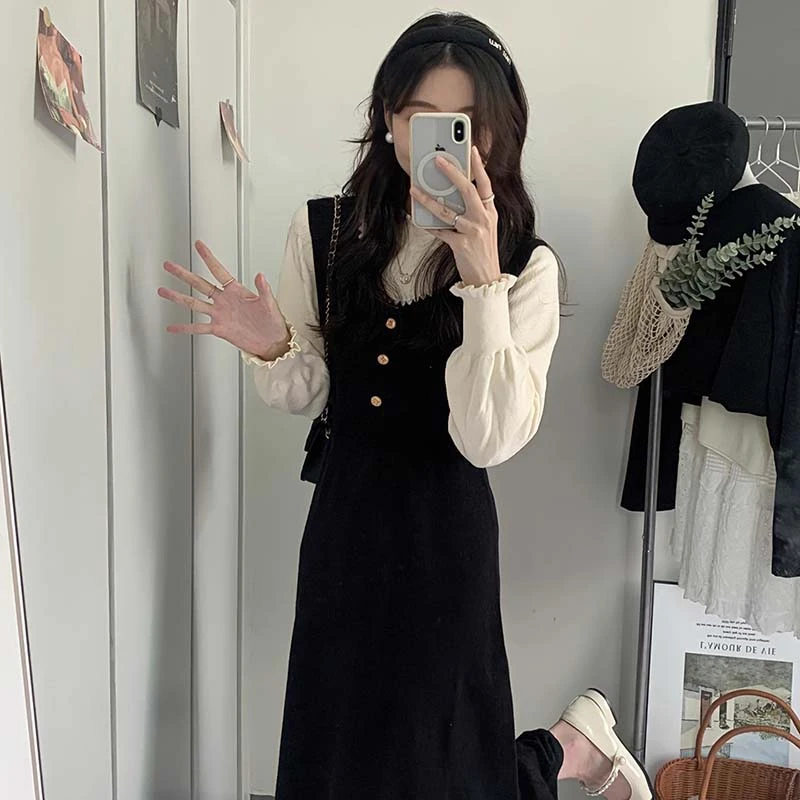 假两件收腰连衣裙女秋冬法式高级感气质黑色长裙子D4367