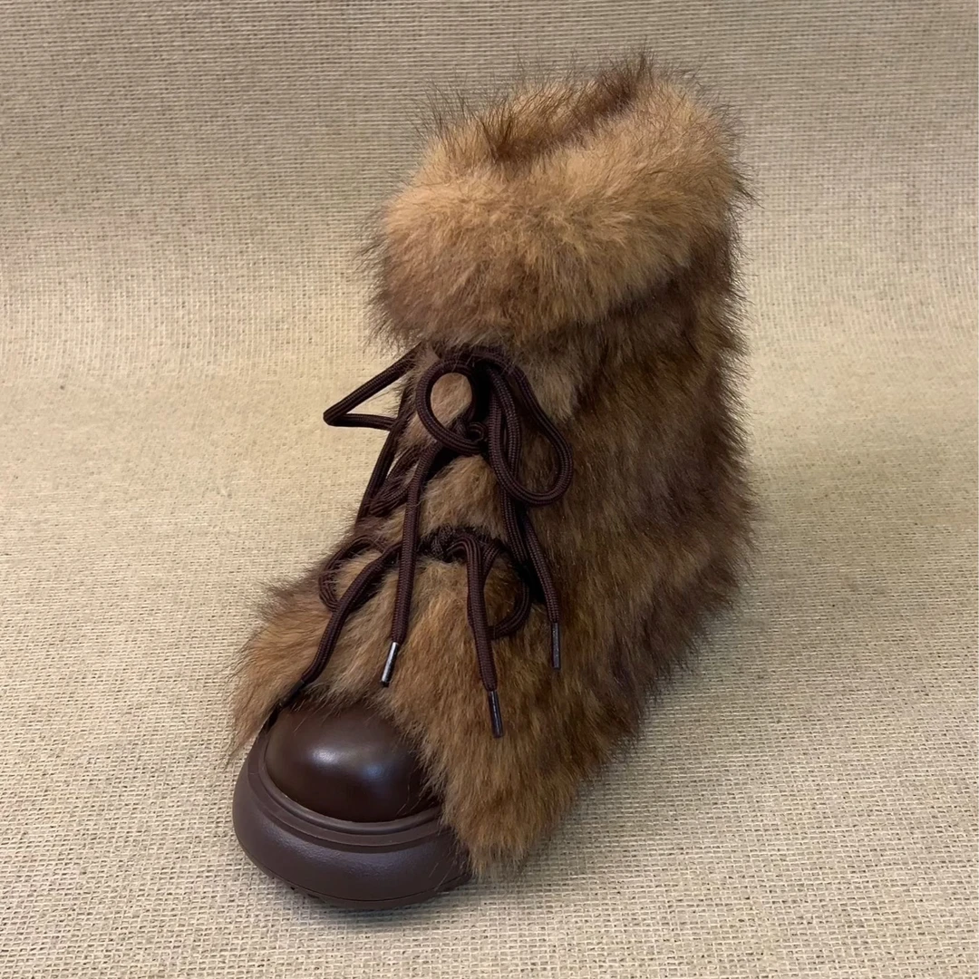 RubyL/3.5cm小众设计感时尚绑带百搭舒适圆头厚底毛毛雪地靴女款