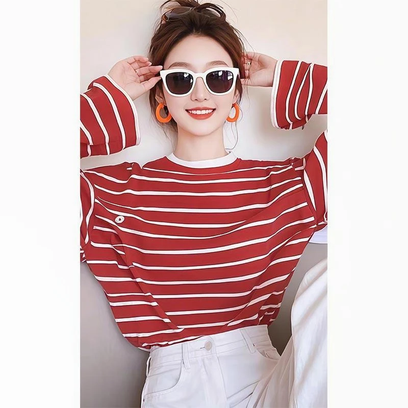 2025春秋季新款女士长袖t恤小个子宽松休闲条纹打底衫爆款上衣服