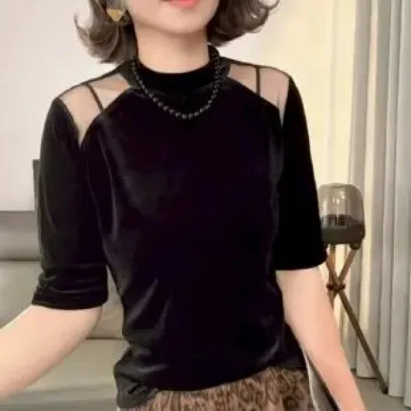 2025秋季新款丝绒中袖T恤女士打底小衫长袖上衣气质显瘦蕾丝183