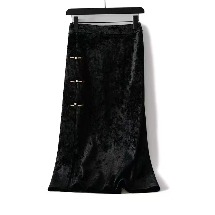 丝绒半身裙黑色加绒高腰显瘦新中式秋冬气质长款百搭包臀裙裙子